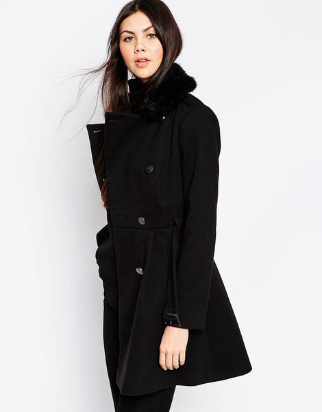 Skater Coat With Faux Fur Collar